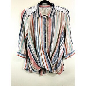 Vintage America Blues Women's Faux Wrap Cotton/Linen Blend Top Size XL Striped